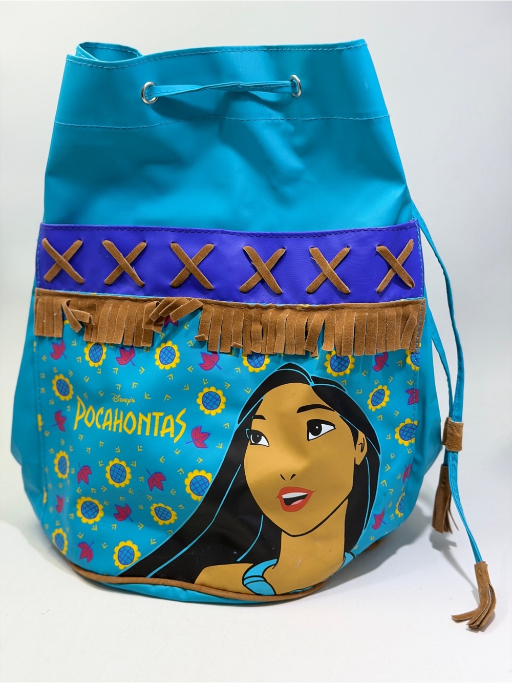 Vintage Disney Turquoise and Purple Pocahontas Drawstring Backpack Bucket Bag